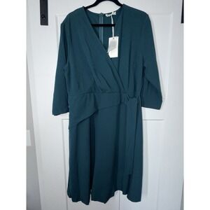 Grace‎ Karin Womens 2XL Teal Faux Wrap Midi Dress Long Sleeve NWT Wedding Work